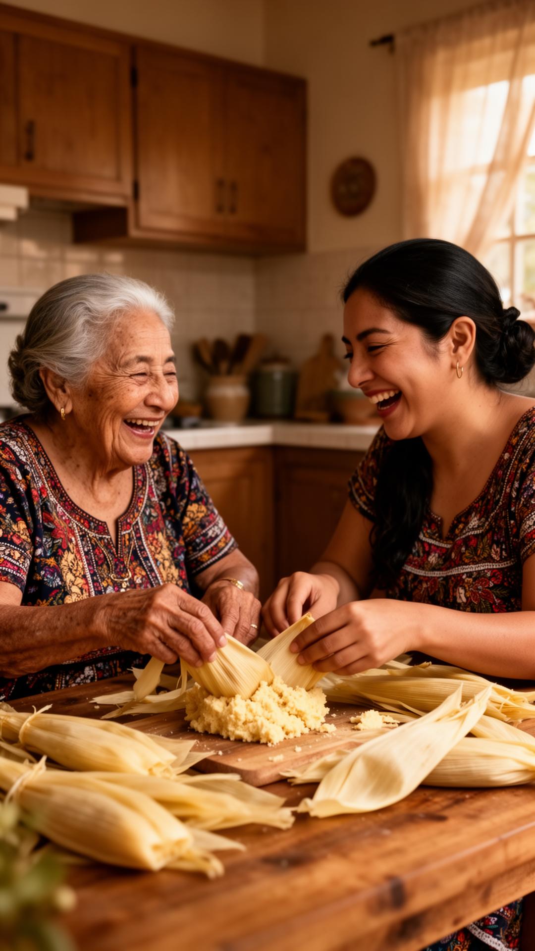 La abuela y Julietta preparando tamales juntas entre risas en la cocina