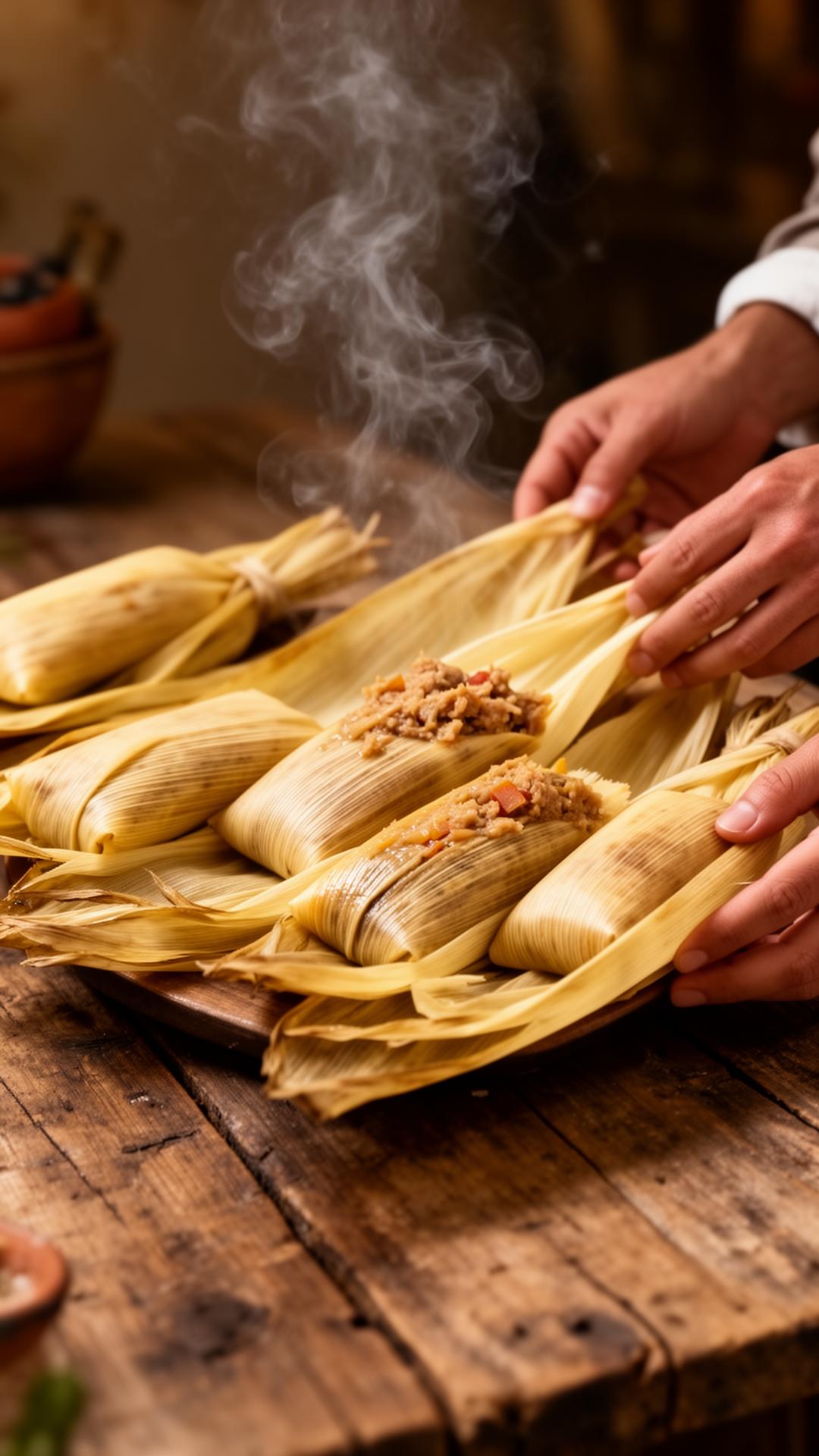 Tamales artesanales humeantes servidos sobre una mesa de madera
