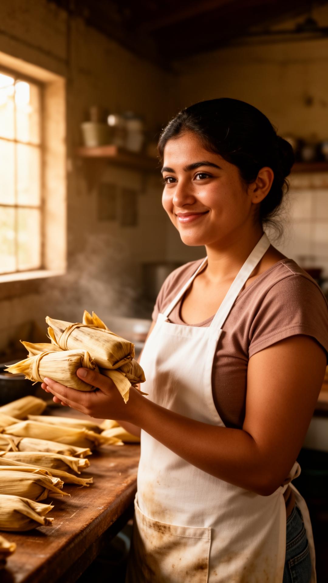 Julietta sonriente con tamales recién envueltos en una cocina artesanal